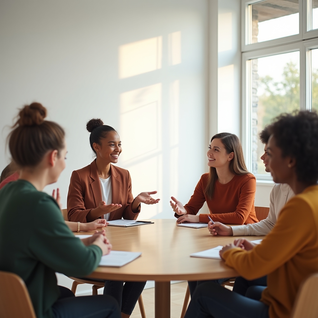 Facilitator ghidând o discuție de grup la o masă rotundă într-un birou modern