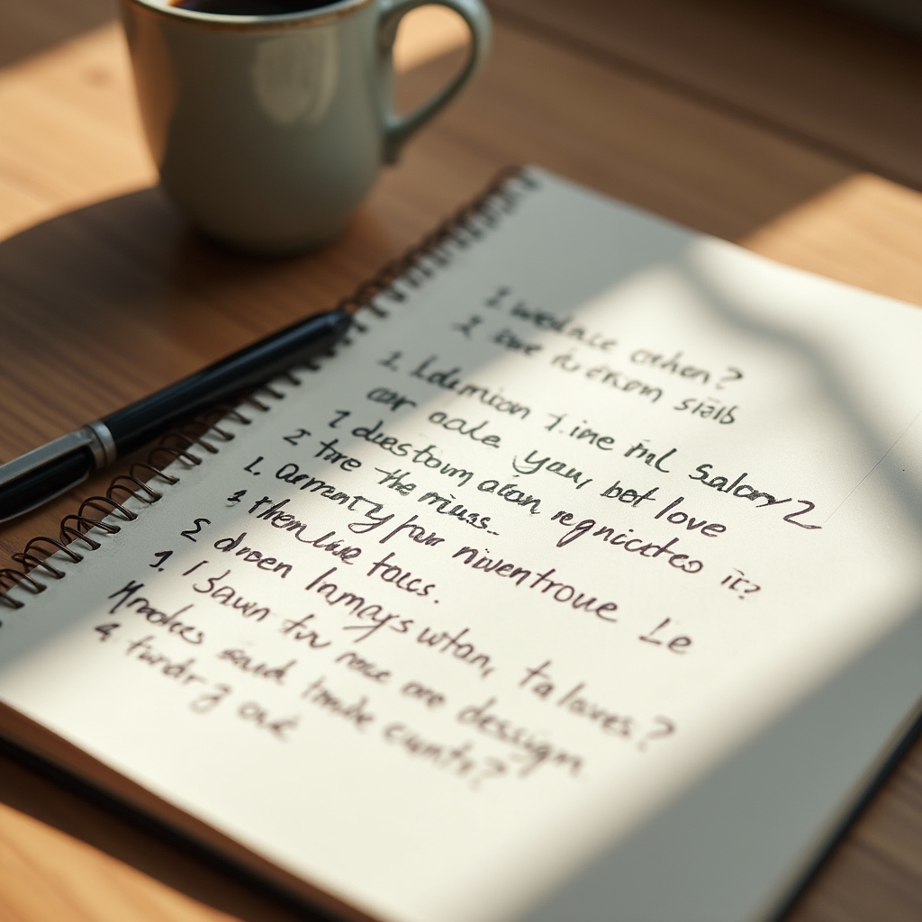 Carnet deschis cu întrebări de carieră scrise de mână, alături de o cană de cafea